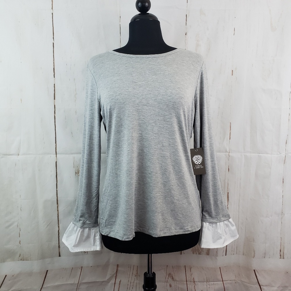 NWT Vince Camuto Poplin Bell Sleeve Tee Sz L Gray
